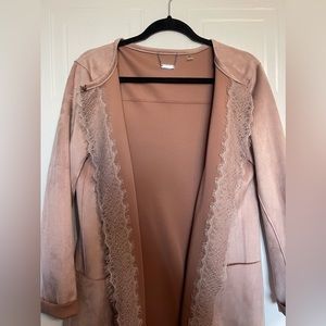 T Tahari Faux Leather Cardigan Jacket w/Lace Trim. Size M